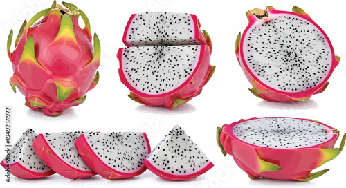 Dragon Fruit Cut Slices Isolated on White