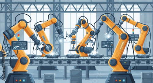 Automated Robotic Arms Working on a Factory Assembly Line.