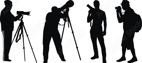 Silhouette photographers with cameras and tripods, diverse photography styles, professional shooting equipment, outdoor photo session, creative visual art concept