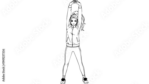 Minimal line art vector of young woman doing standing stretch with arms raised overhead, full body front view in casual outfit, black outline on white