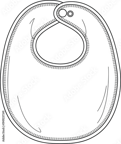 Baby bib fashion sketch, rounded shape, snap button closure, stitching detail, infant accessory sewing pattern illustration - flavector