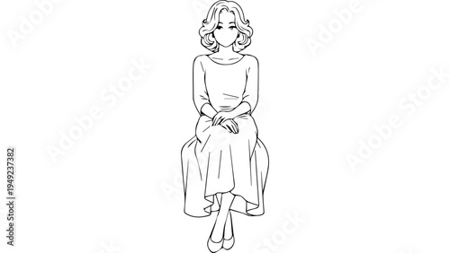 Minimal line art illustration of seated woman in long dress, hands folded on lap, black and white outline drawing isolated on white background vector