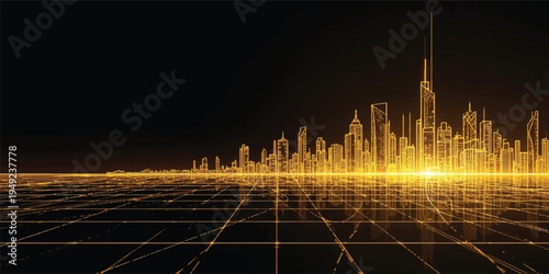 Abstract night city skyline illustration featuring a vector design of urban skyscrapers and Manhattan architecture silhouettes in a glowing blue business landscape