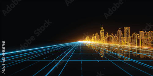 Abstract city lights illuminate a modern urban skyscraper skyline in this blue vector tech backdrop with architectural silhouettes and fractal design waves