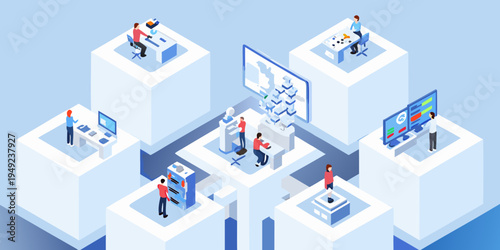 Isometric illustration of people collaborating in a modern technology workspace