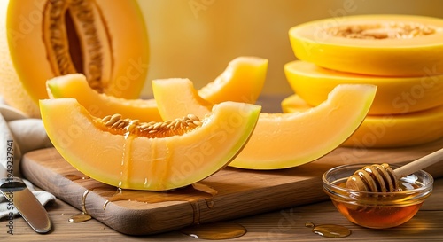 Delicious cantaloupe melon slices with honey on wooden board.