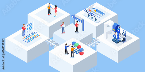 Isometric illustration depicting smart factory automation and human collaboration