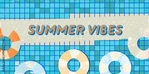 Colorful summer vibes illustration with pool elements and text overlay