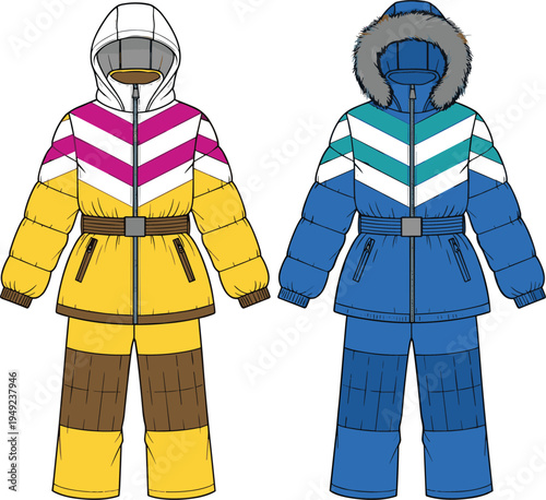 Children’s winter snowsuit fashion sketch, hooded jacket, quilted stitching, chevron stripes, cold weather outerwear garment design - flavector