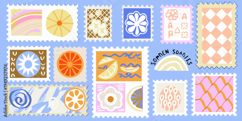 Colorful collection of illustrated postage stamps with abstract and fruity designs