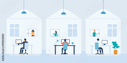 Illustration of people working at desks inside connected building structures