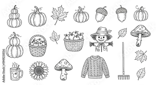 A delightful hand-drawn collection of autumn and fall harvest season elements, featuring pumpkins, acorns, maple leaves, apples, a scarecrow, and cozy sweater.