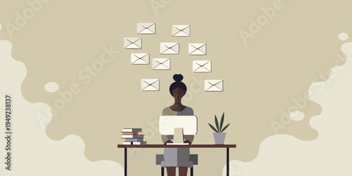 Woman working on a laptop surrounded by floating envelope icons