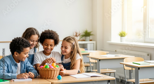 Joyful Classroom Celebration Diverse Young Students Excitedly Discover Colorful Easter Eggs