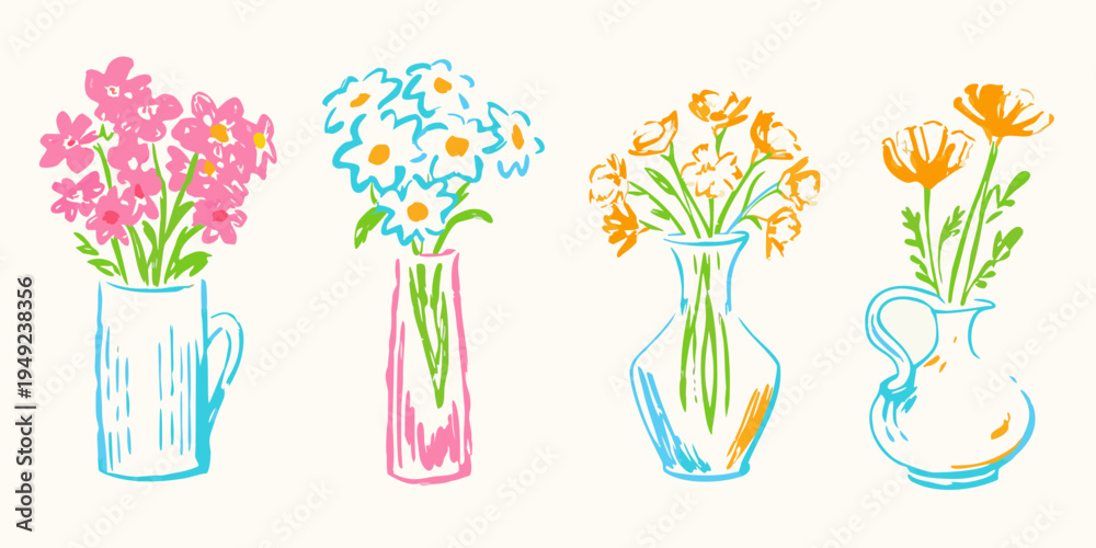 Obraz premium Colorful sketch of four bouquets in vases a charming floral illustration