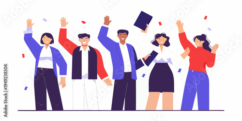 Diverse team celebrating success with raised hands and falling confetti