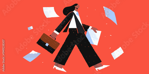 A businesswoman walks forward amidst falling papers carrying a briefcase