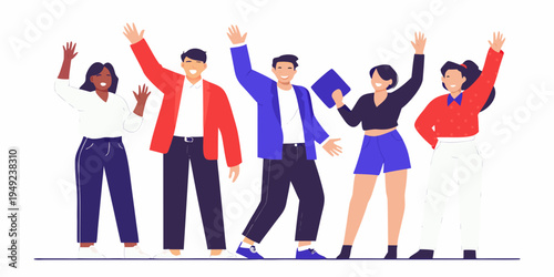 Diverse group of people celebrating success with arms raised high