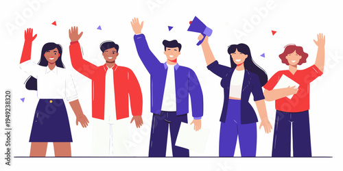 Diverse group of people celebrating success with arms raised in joy