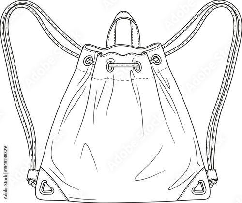 Drawstring backpack fashion sketch, cinch closure, shoulder straps, reinforced corners, stitched handle, detailed stitching lines garment illustration - flavector