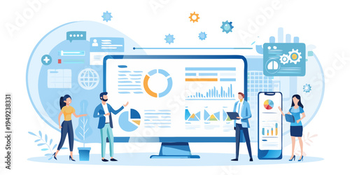 Team analyzing data visualizations on a large computer screen and mobile