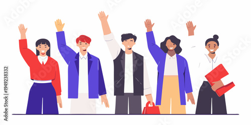 Diverse group of people raising hands in a celebratory gesture