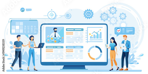 Team collaboration and data analysis visualized on a large computer screen