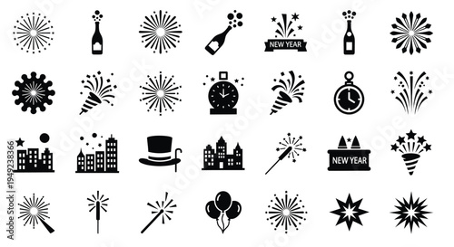 A vibrant collection of black silhouette icons representing New Year's Eve celebrations, featuring fireworks, champagne, clocks, party hats, and cityscape.