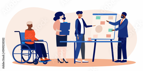 Diverse team collaborating around a whiteboard during an inclusive business meeting