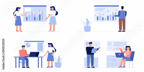 Business professionals collaborating and presenting data in a modern office