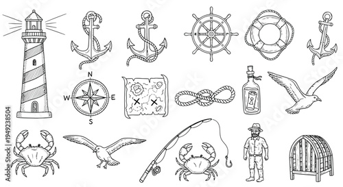 A collection of hand-drawn vintage nautical elements and sea-themed illustrations, including a lighthouse, anchors, a ship's wheel, a lifebuoy, a compass, and a treasure map.