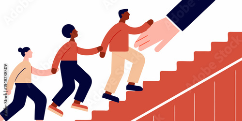 A helping hand assists people climbing a staircase towards success