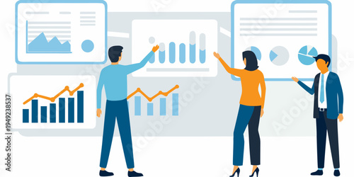Business team collaborating and presenting data analysis with charts and graphs