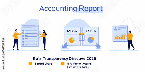 Illustration of people analyzing accounting reports and data visualization