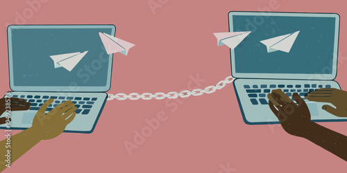 Connecting through technology hands and laptops with paper airplanes