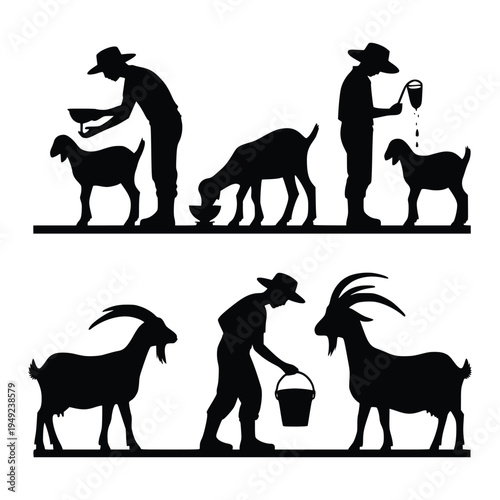 Traditional rural goat farming and livestock management silhouettes set
