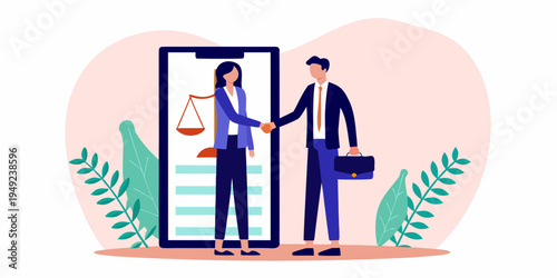 Business professionals shaking hands within a smartphone screen illustration