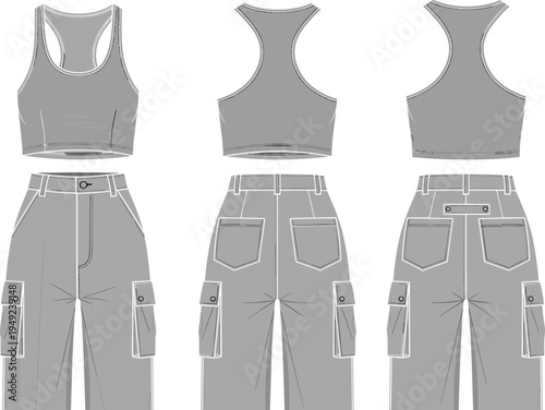 Women’s cropped tank top and cargo pants fashion sketch, racerback style, high-waisted design, pocket detailing garment illustration - flavector