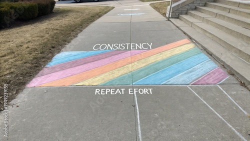 Colorful sidewalk art showcasing positive messages of consistency and repeat effort in a community setting