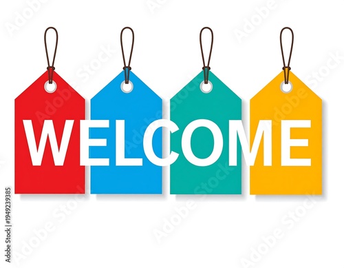 Colorful 'WELCOME' spelled out on gift tags in a row, floating on a white background