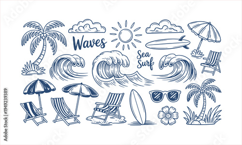 Beach summer vacation icons set with palm trees, waves and surfboard