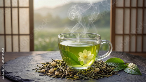 Hot green tea in clear glass cup with steam relaxing healthy drink close up