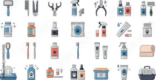 Pet Care and Grooming Accessories Icon Collection with Brush, Nail Clipper, Shampoo, Medicine, Carrier, Toothbrush and Veterinary Supplies Vector Set.