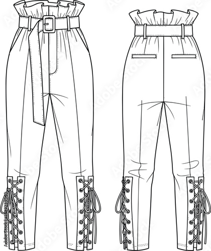 Women’s high-waisted pants fashion sketch, ruffled waistband, belt buckle, lace-up detailing, pleated design, tailored garment construction - flavector