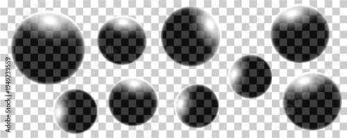 Collection of realistic black bubbles isolated on transparent background