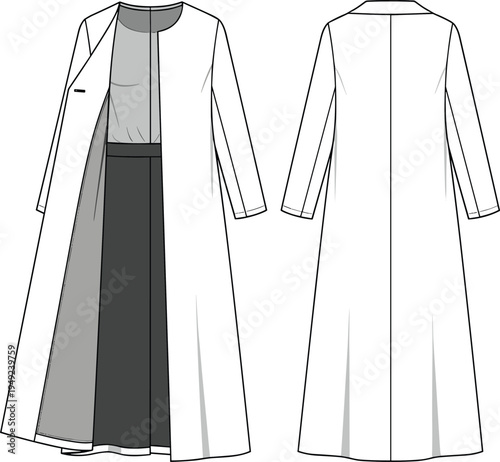 Women’s long coat fashion sketch, minimalist silhouette, round neckline, full-length hem, tailored garment construction, front and back views - flavector
