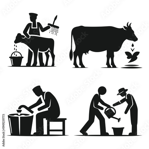 Set of manual dairy farming and cattle management work silhouettes