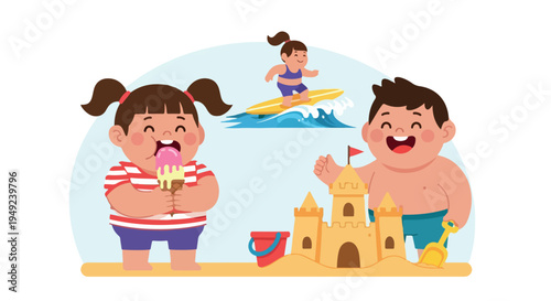 Happy children enjoying various summer activities at the beach, including eating ice cream, building a sandcastle, and surfing on waves.