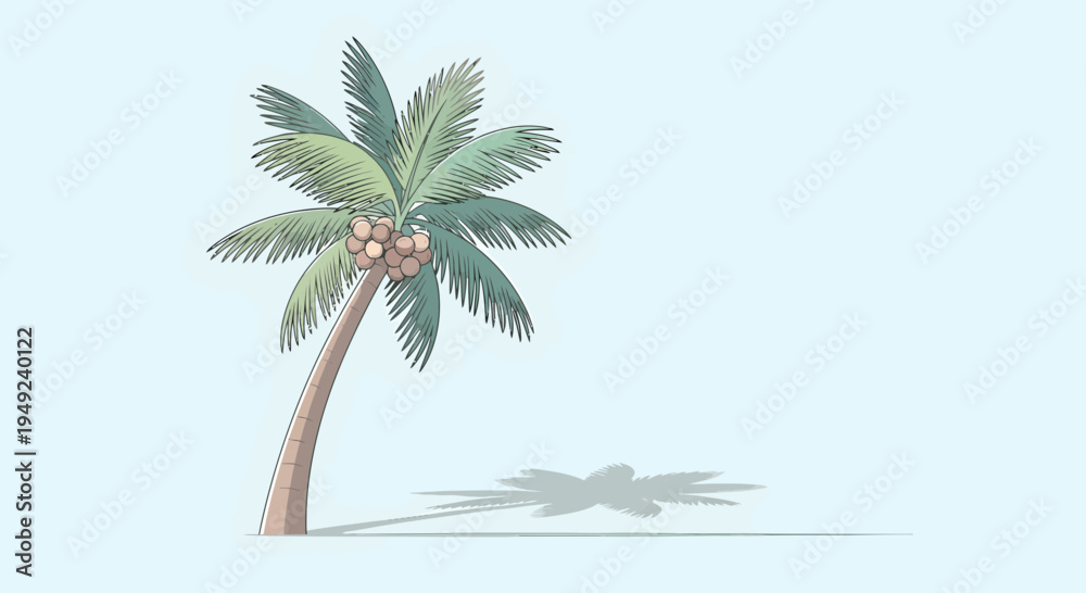 Obraz premium A solitary palm tree with coconuts and a distinct shadow.