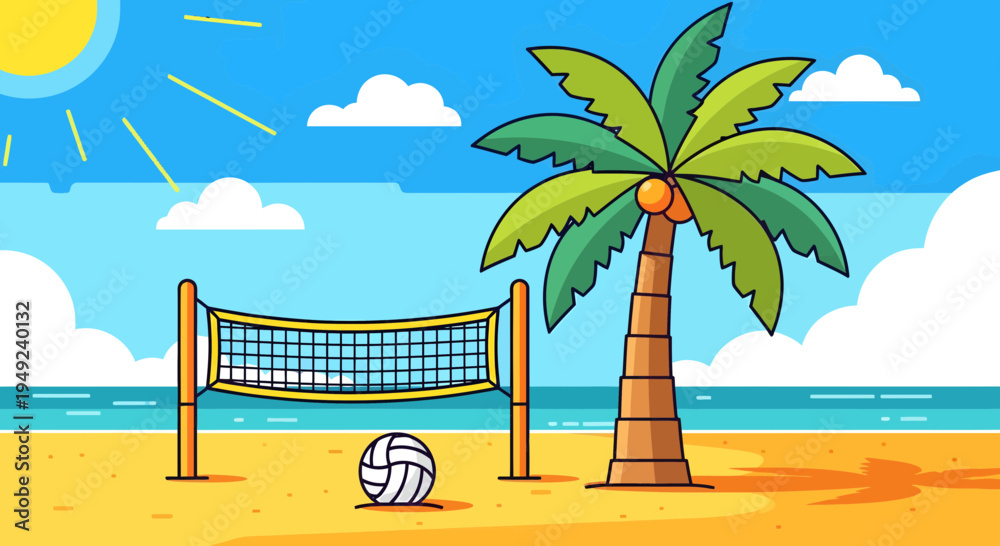 Fototapeta premium Beach Volleyball Net and Ball Under Palm Tree.